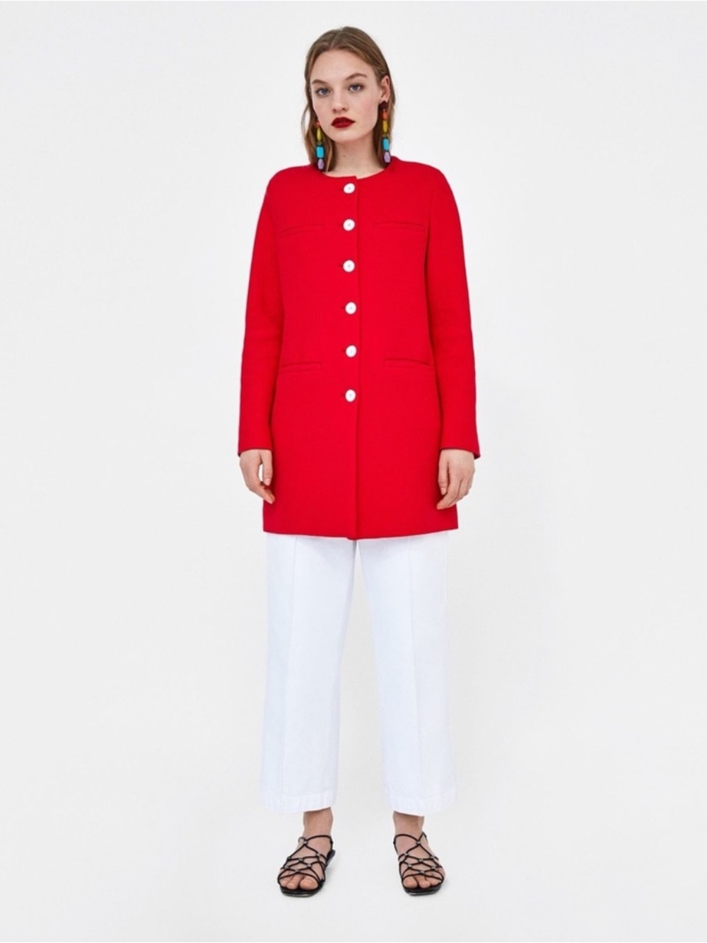 Zara Red Round-Neck white Button-Front Coat size medium